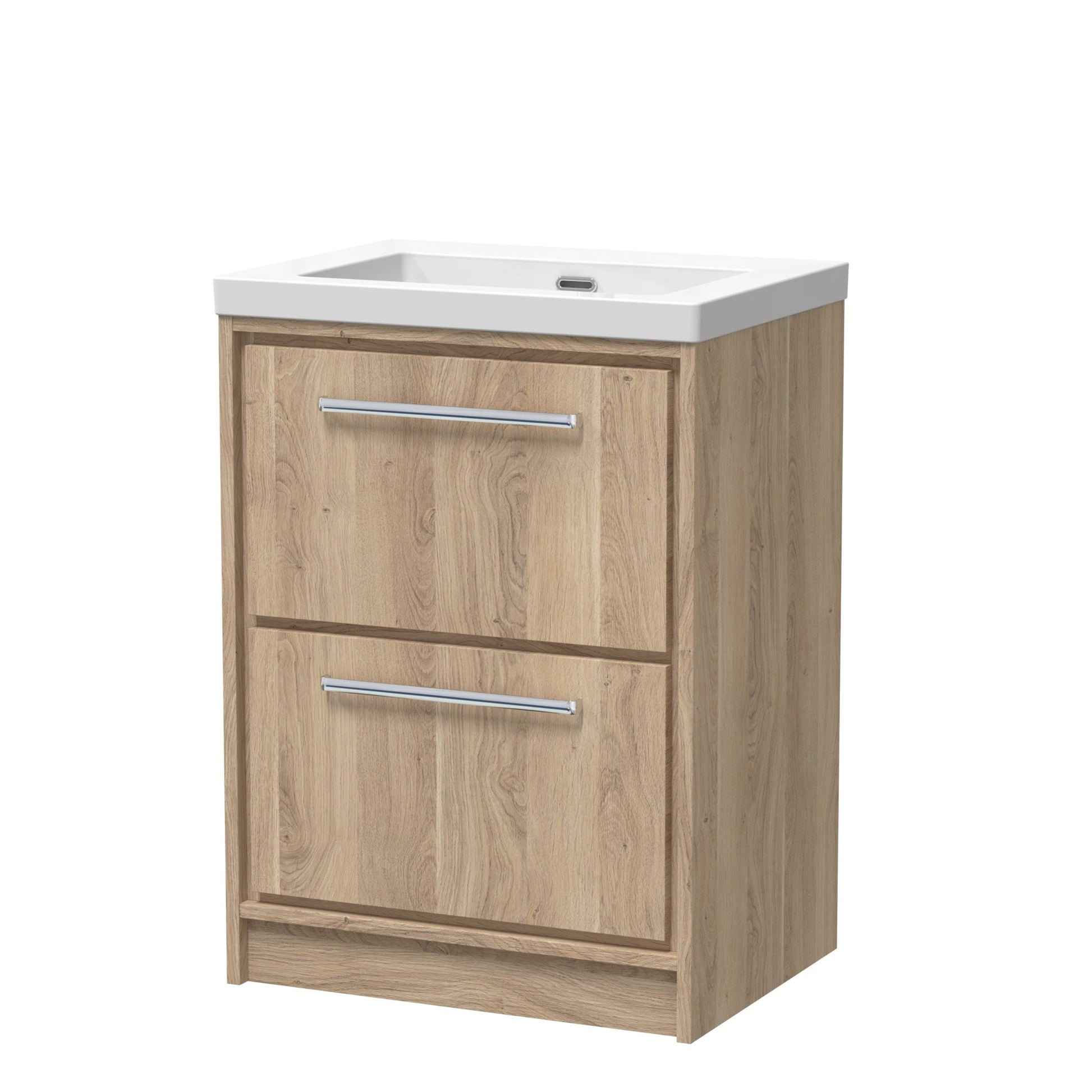 Hudson Reed Lille 600mm Floor Standing 2 - drawer Vanity With Basin - 0 Tap Hole Contemp Bleached Oak Fireclay,MFC Textured Woodgrain 845x613x462mm - JJ Building Materials