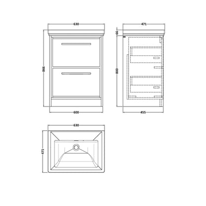 Hudson Reed Lille 600mm Floor Standing 2-drawer Vanity With Basin - 0 Tap Hole Contemp Bleached Oak Fireclay,MFC Textured Woodgrain 866x630x471mm - JJ Building Materials