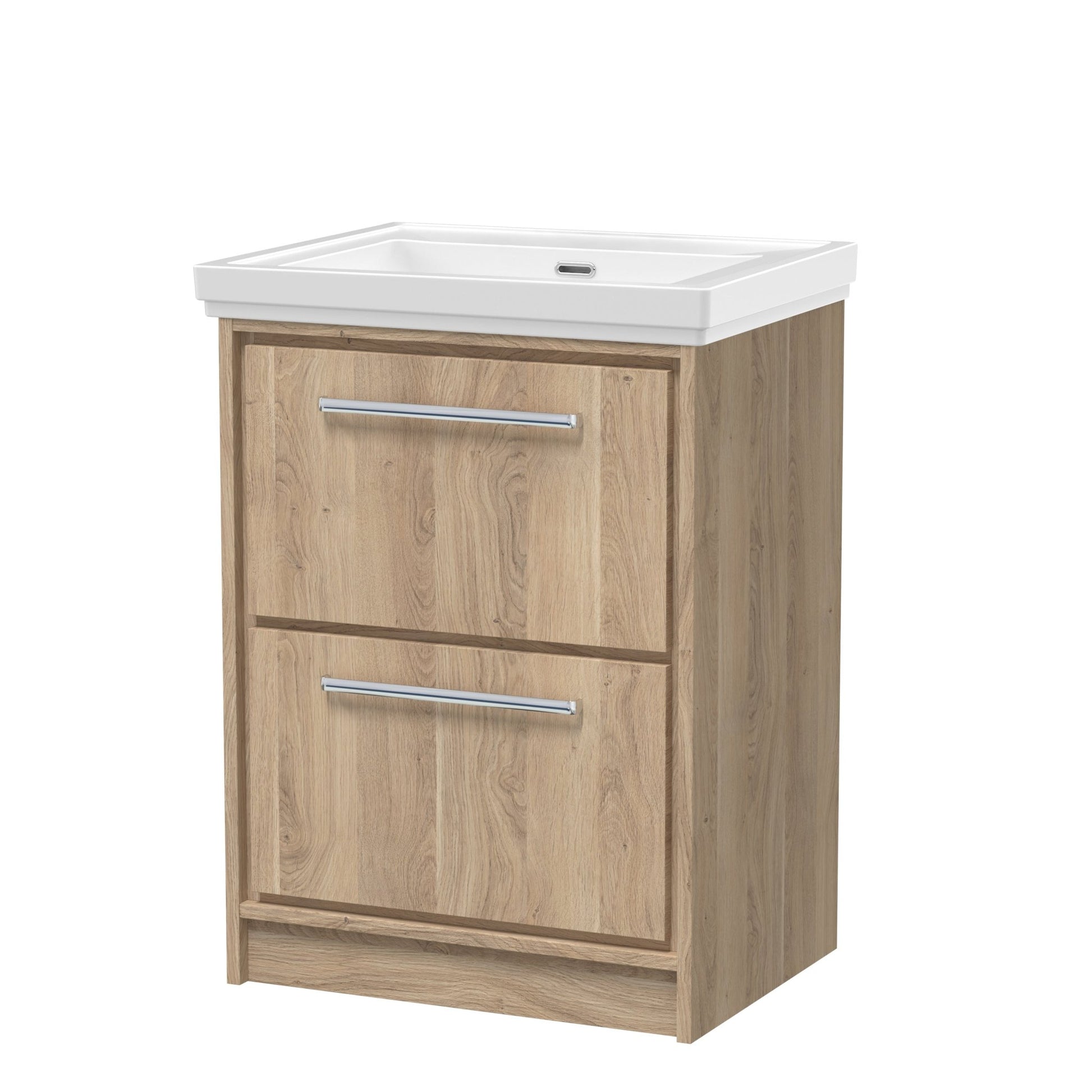 Hudson Reed Lille 600mm Floor Standing 2 - drawer Vanity With Basin - 0 Tap Hole Contemp Bleached Oak Fireclay,MFC Textured Woodgrain 866x630x471mm - JJ Building Materials