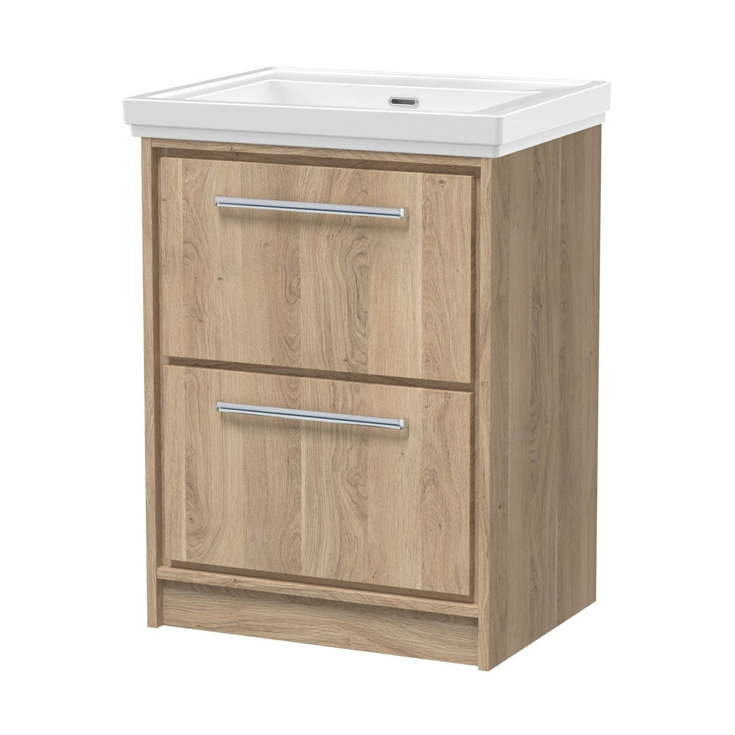Hudson Reed Lille 600mm Floor Standing 2-drawer Vanity With Basin - 0 Tap Hole Contemp Bleached Oak Fireclay,MFC Textured Woodgrain 866x630x471mm - JJ Building Materials