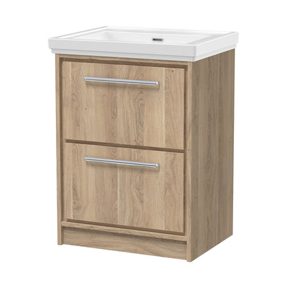 Hudson Reed Lille 600mm Floor Standing 2-drawer Vanity With Basin - 0 Tap Hole Contemp Bleached Oak Fireclay,MFC Textured Woodgrain 866x630x471mm - JJ Building Materials