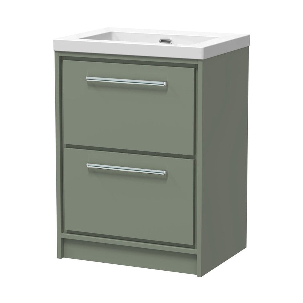 Hudson Reed Lille 600mm Floor Standing 2-drawer Vanity With Basin - 0 Tap Hole Contemp Fern Green Fireclay,MFC Smooth Matt 845x613x462mm - JJ Building Materials