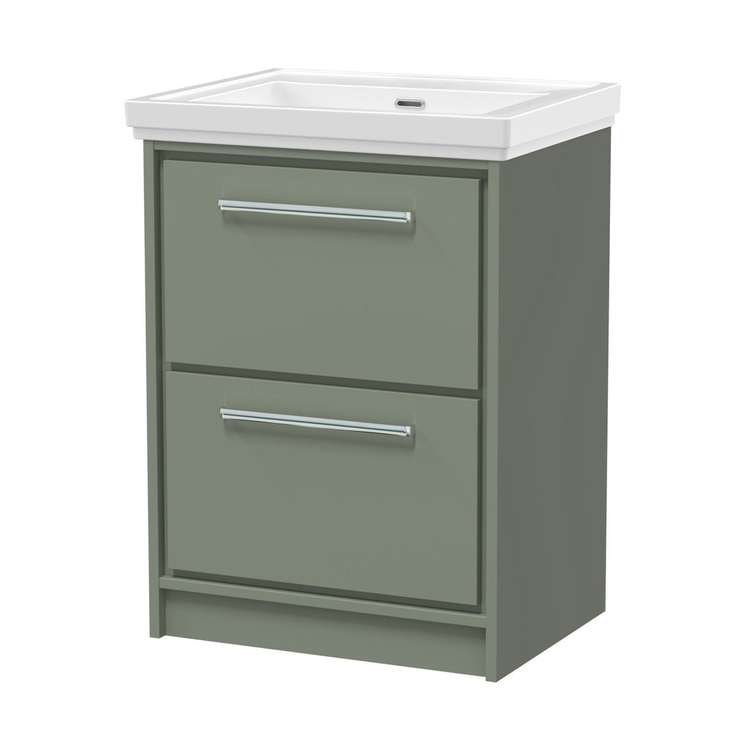 Hudson Reed Lille 600mm Floor Standing 2-drawer Vanity With Basin - 0 Tap Hole Contemp Fern Green Fireclay,MFC Smooth Matt 866x630x471mm - JJ Building Materials