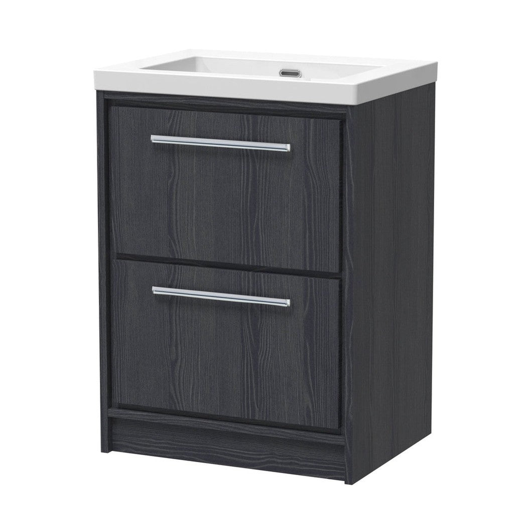 Hudson Reed Lille 600mm Floor Standing 2-drawer Vanity With Basin - 0 Tap Hole Contemp Graphite Grey Woodgrain Fireclay,MFC Textured Woodgrain 845x613x462mm - JJ Building Materials