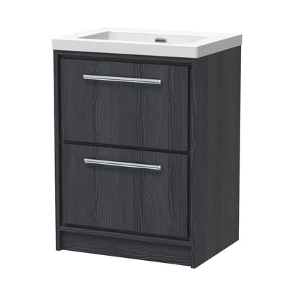 Hudson Reed Lille 600mm Floor Standing 2-drawer Vanity With Basin - 0 Tap Hole Contemp Graphite Grey Woodgrain Fireclay,MFC Textured Woodgrain 845x613x462mm - JJ Building Materials