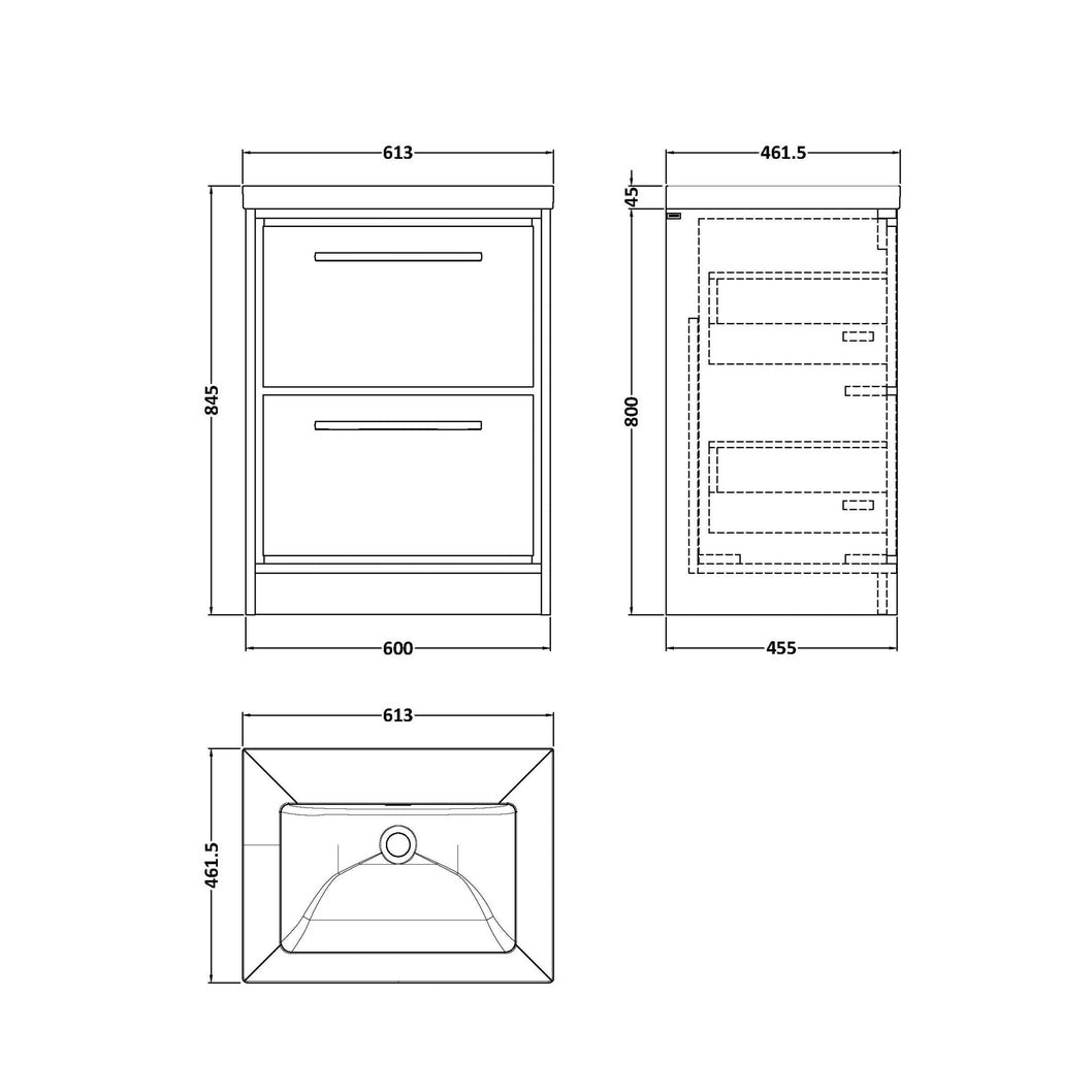 Hudson Reed Lille 600mm Floor Standing 2-drawer Vanity With Basin - 0 Tap Hole Contemp Graphite Grey Woodgrain Fireclay,MFC Textured Woodgrain 845x613x462mm - JJ Building Materials