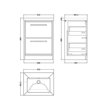 Hudson Reed Lille 600mm Floor Standing 2-drawer Vanity With Basin - 0 Tap Hole Contemp Graphite Grey Woodgrain Fireclay,MFC Textured Woodgrain 845x613x462mm - JJ Building Materials