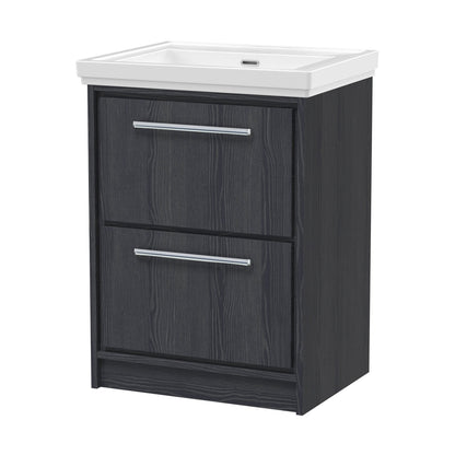 Hudson Reed Lille 600mm Floor Standing 2-drawer Vanity With Basin - 0 Tap Hole Contemp Graphite Grey Woodgrain Fireclay,MFC Textured Woodgrain 866x630x471mm - JJ Building Materials