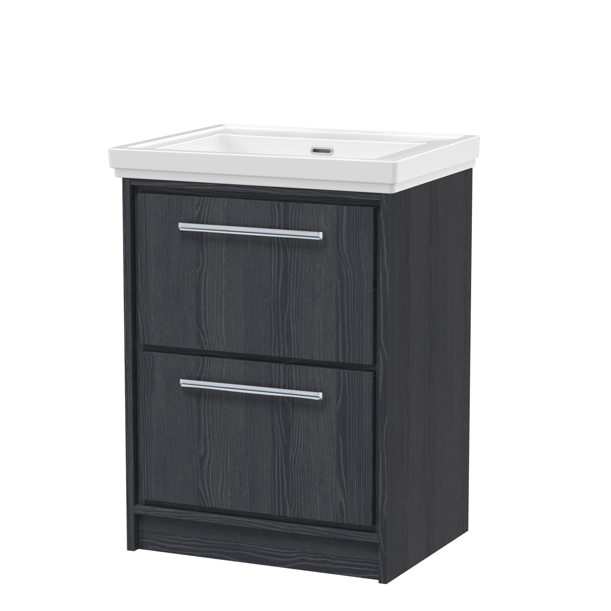 Hudson Reed Lille 600mm Floor Standing 2 - drawer Vanity With Basin - 0 Tap Hole Contemp Graphite Grey Woodgrain Fireclay,MFC Textured Woodgrain 866x630x471mm - JJ Building Materials