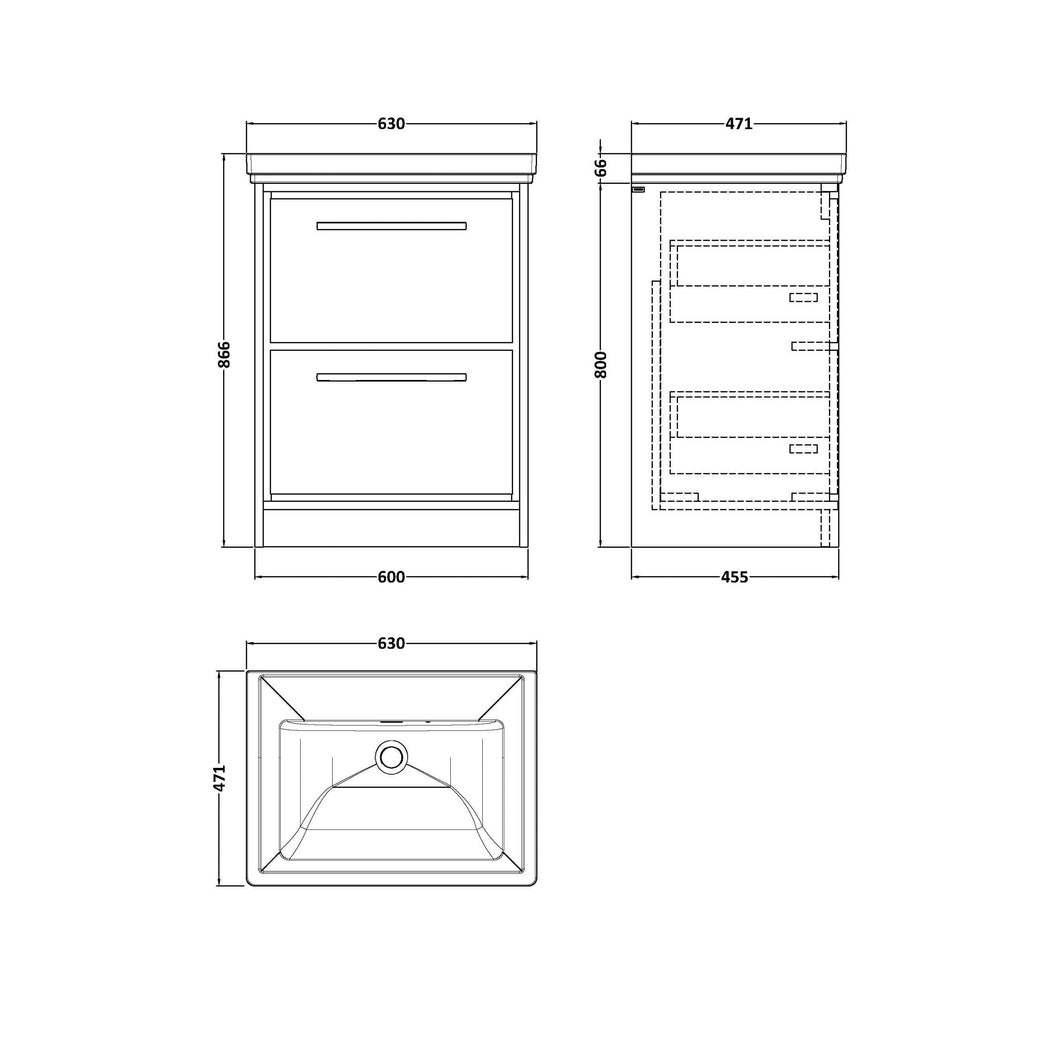 Hudson Reed Lille 600mm Floor Standing 2-drawer Vanity With Basin - 0 Tap Hole Contemp Graphite Grey Woodgrain Fireclay,MFC Textured Woodgrain 866x630x471mm - JJ Building Materials