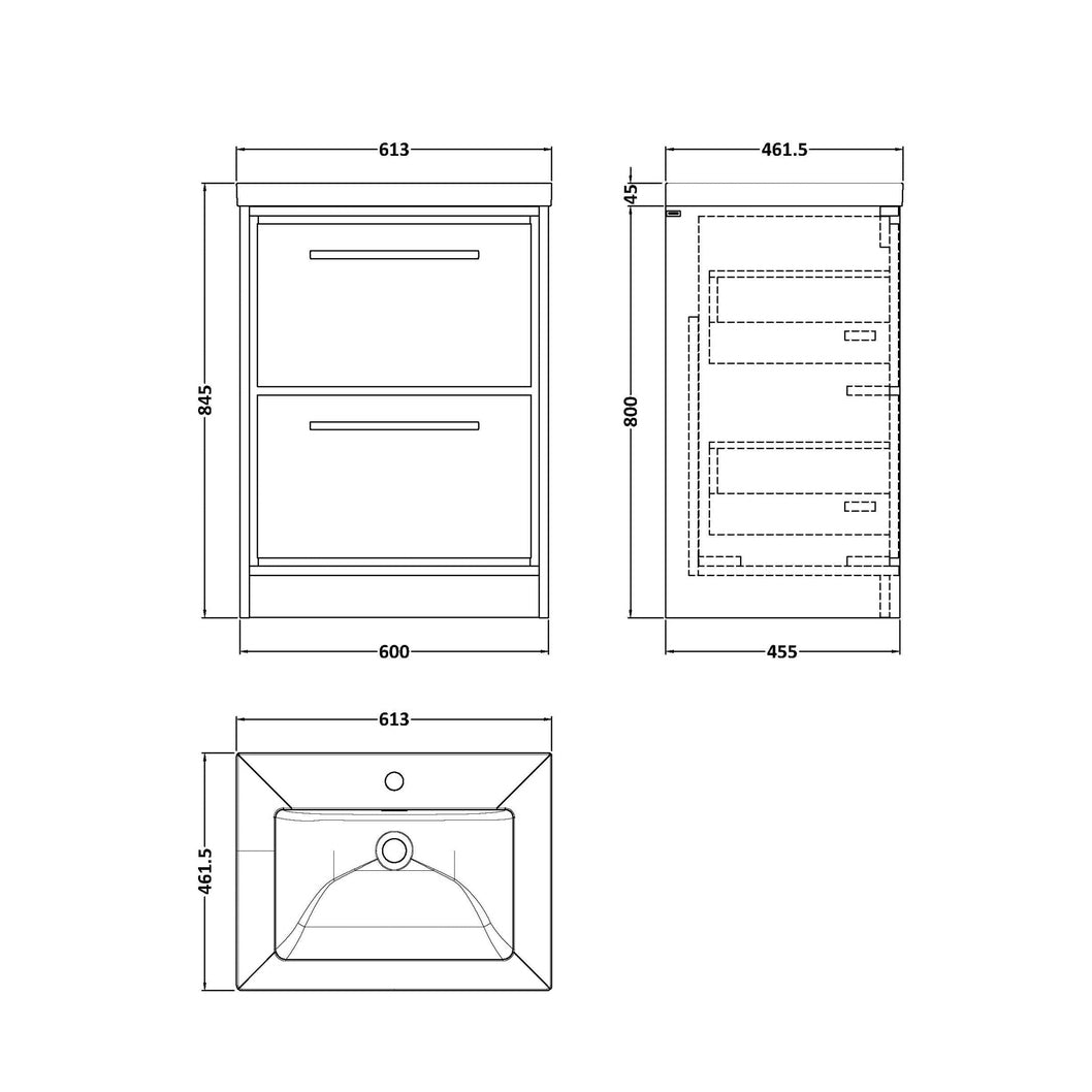 Hudson Reed Lille 600mm Floor Standing 2-drawer Vanity With Basin - 1 Tap Hole Contemp Antique Oak Fireclay,MFC Textured Woodgrain 845x613x462mm - JJ Building Materials