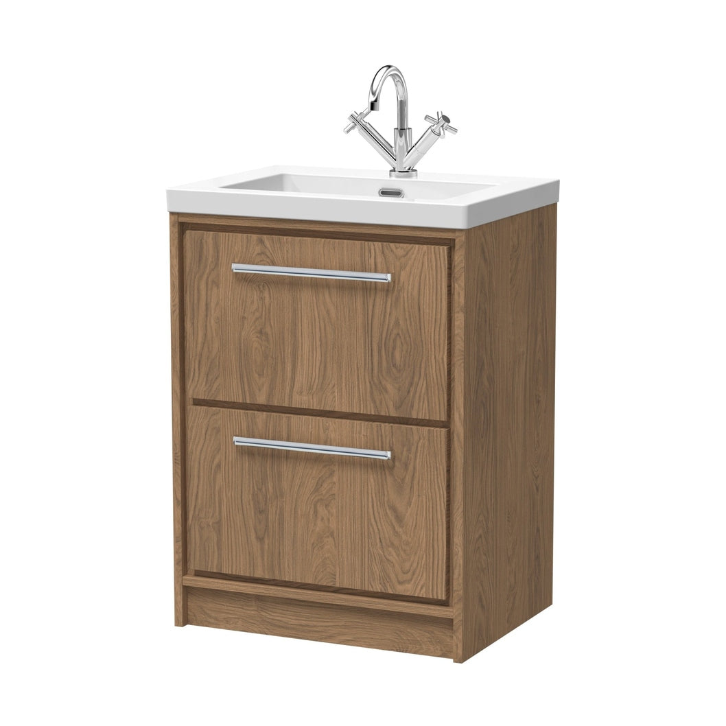 Hudson Reed Lille 600mm Floor Standing 2-drawer Vanity With Basin - 1 Tap Hole Contemp Antique Oak Fireclay,MFC Textured Woodgrain 845x613x462mm - JJ Building Materials