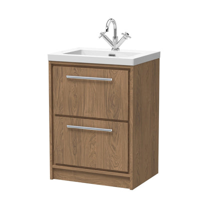 Hudson Reed Lille 600mm Floor Standing 2-drawer Vanity With Basin - 1 Tap Hole Contemp Antique Oak Fireclay,MFC Textured Woodgrain 845x613x462mm - JJ Building Materials