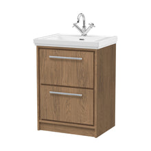Hudson Reed Lille 600mm Floor Standing 2-drawer Vanity With Basin - 1 Tap Hole Contemp Antique Oak Fireclay,MFC Textured Woodgrain 866x630x471mm - JJ Building Materials
