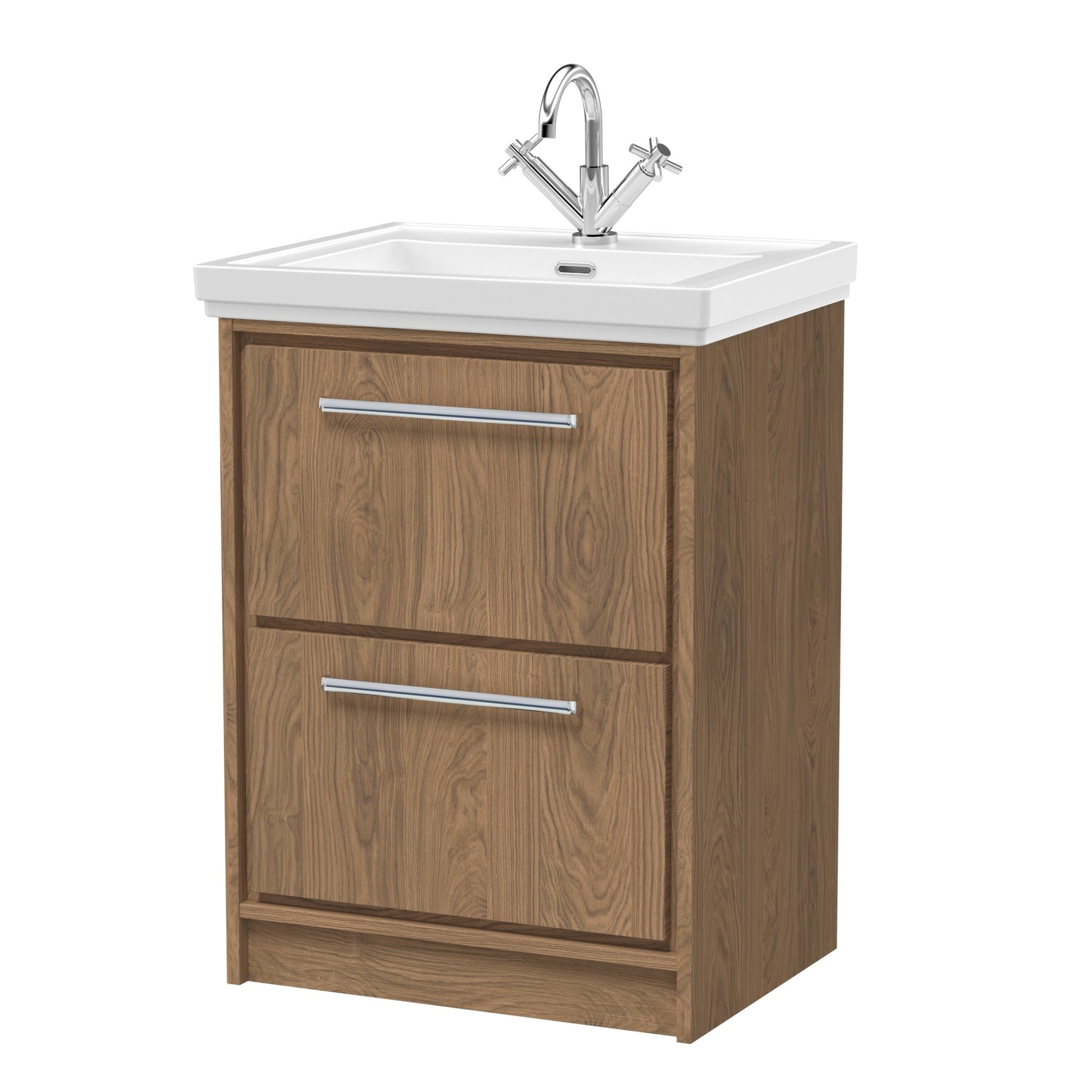 Hudson Reed Lille 600mm Floor Standing 2 - drawer Vanity With Basin - 1 Tap Hole Contemp Antique Oak Fireclay,MFC Textured Woodgrain 866x630x471mm - JJ Building Materials