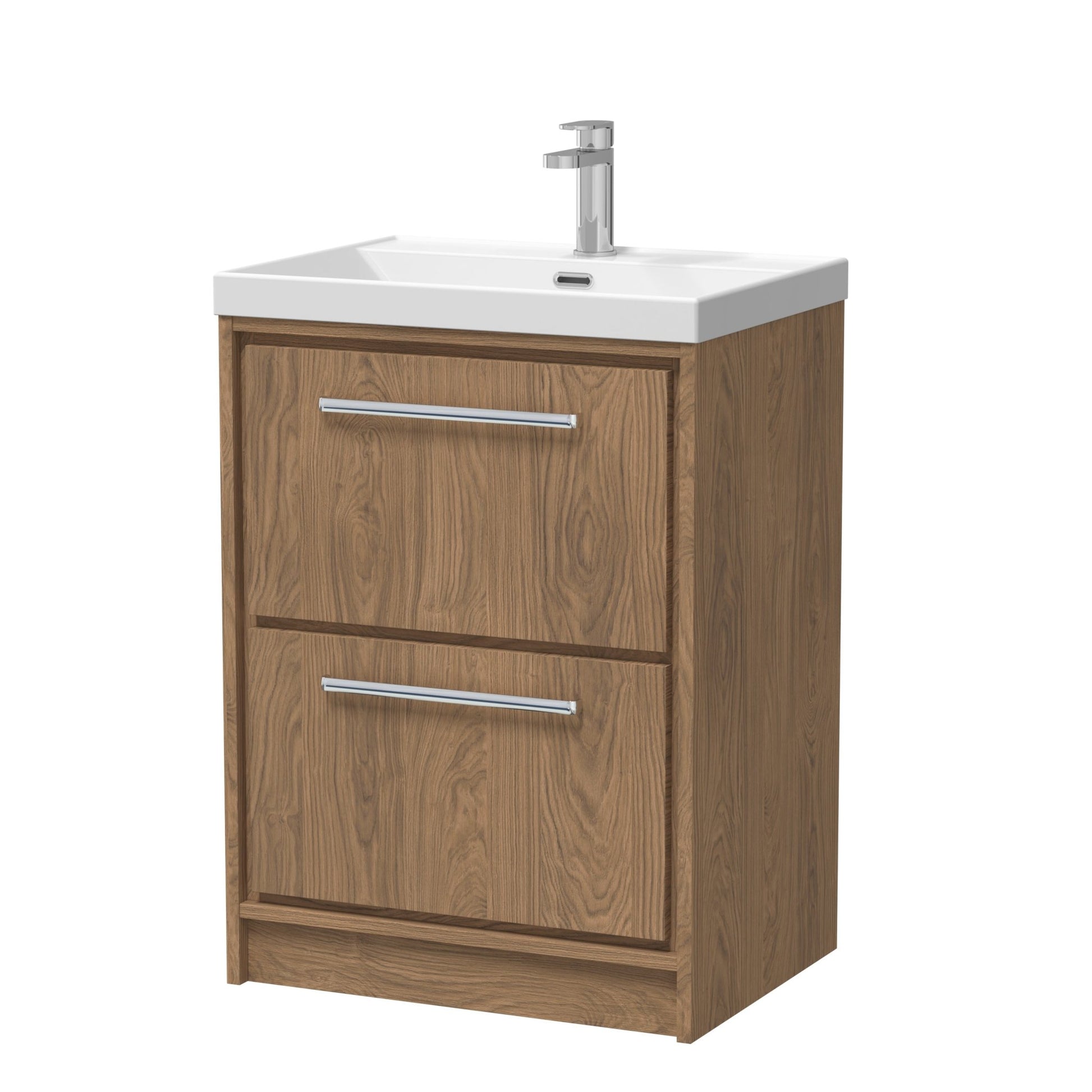 Hudson Reed Lille 600mm Floor Standing 2 - drawer Vanity With Basin - 1 Tap Hole Contemp Antique Oak MFC Textured Woodgrain,vitreous China 850x610x460mm - JJ Building Materials