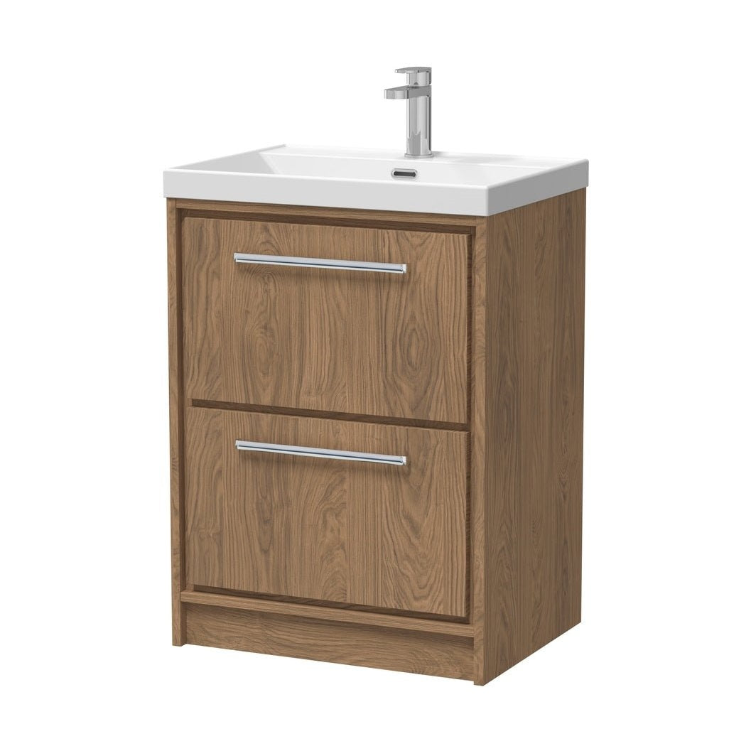 Hudson Reed Lille 600mm Floor Standing 2-drawer Vanity With Basin - 1 Tap Hole Contemp Antique Oak MFC Textured Woodgrain,vitreous China 850x610x460mm - JJ Building Materials