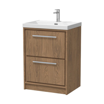 Hudson Reed Lille 600mm Floor Standing 2-drawer Vanity With Basin - 1 Tap Hole Contemp Antique Oak MFC Textured Woodgrain,vitreous China 850x610x460mm - JJ Building Materials