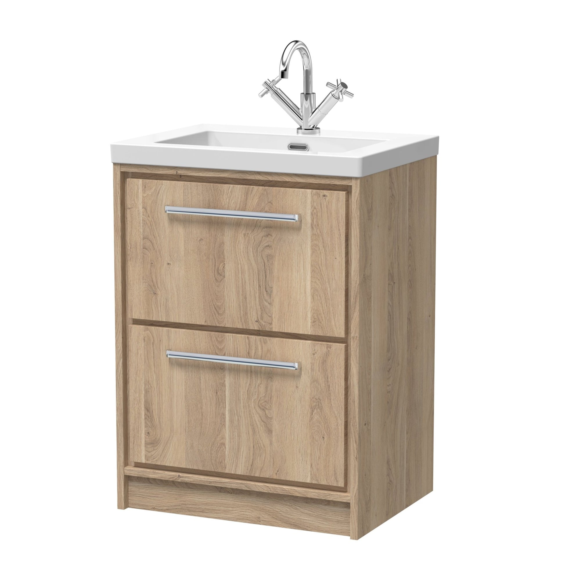 Hudson Reed Lille 600mm Floor Standing 2 - drawer Vanity With Basin - 1 Tap Hole Contemp Bleached Oak Fireclay,MFC Textured Woodgrain 845x613x462mm - JJ Building Materials