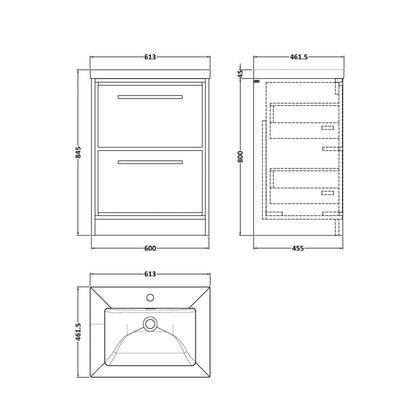 Hudson Reed Lille 600mm Floor Standing 2-drawer Vanity With Basin - 1 Tap Hole Contemp Bleached Oak Fireclay,MFC Textured Woodgrain 845x613x462mm - JJ Building Materials