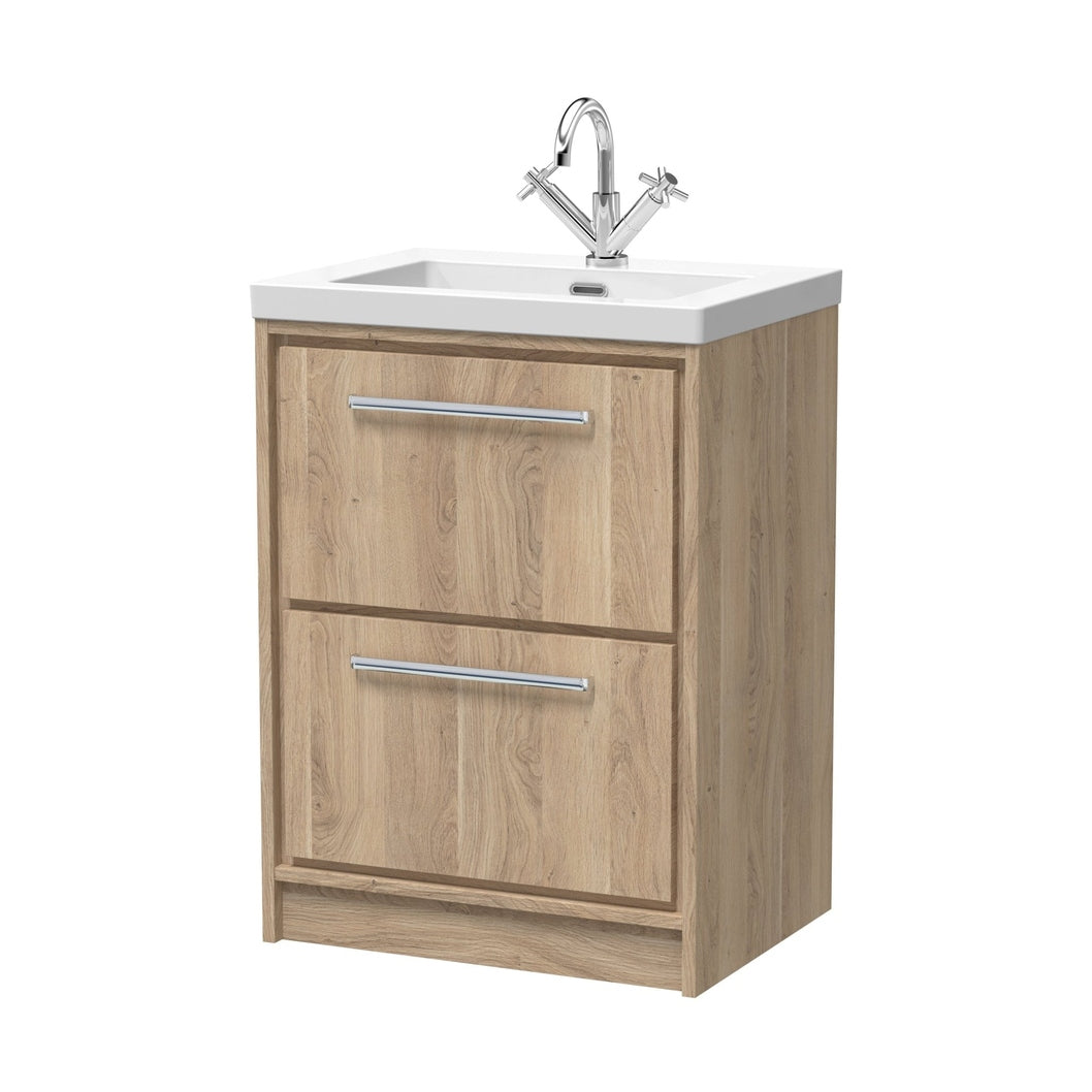 Hudson Reed Lille 600mm Floor Standing 2-drawer Vanity With Basin - 1 Tap Hole Contemp Bleached Oak Fireclay,MFC Textured Woodgrain 845x613x462mm - JJ Building Materials