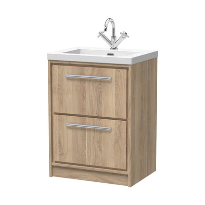 Hudson Reed Lille 600mm Floor Standing 2-drawer Vanity With Basin - 1 Tap Hole Contemp Bleached Oak Fireclay,MFC Textured Woodgrain 845x613x462mm - JJ Building Materials