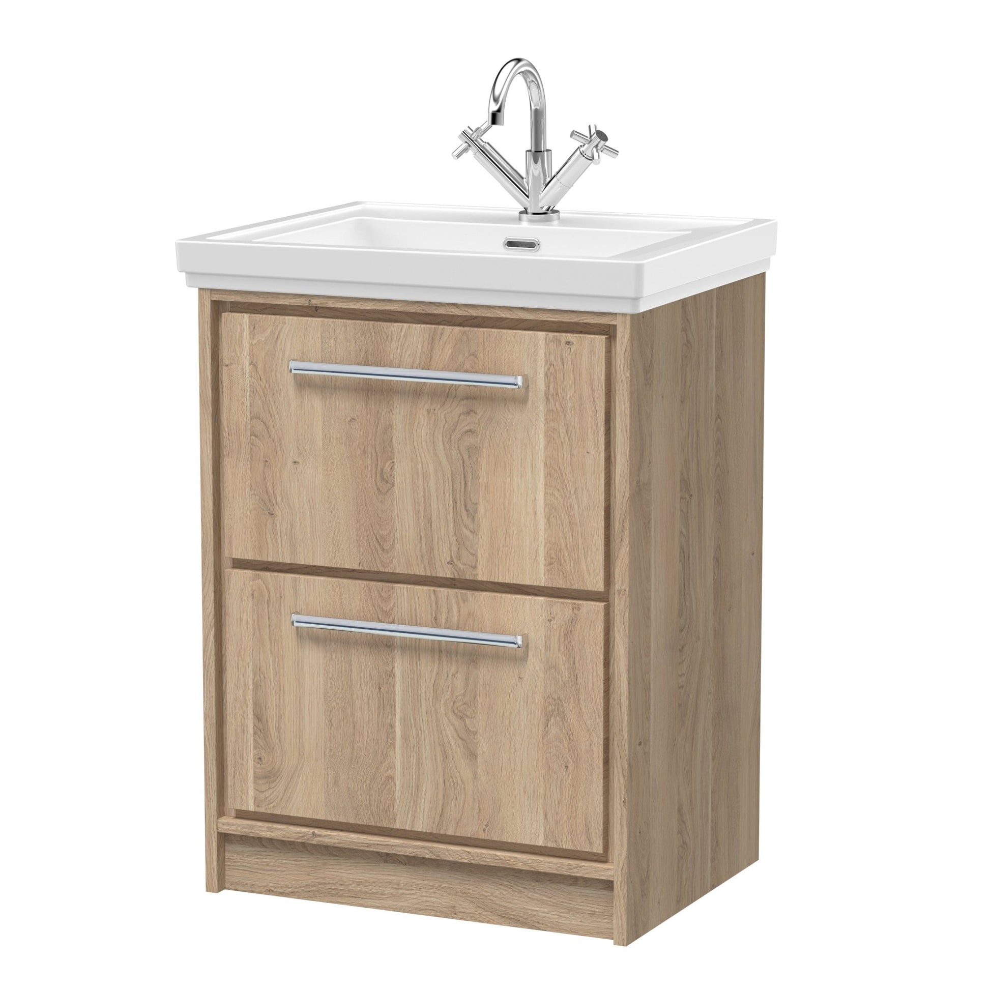 Hudson Reed Lille 600mm Floor Standing 2 - drawer Vanity With Basin - 1 Tap Hole Contemp Bleached Oak Fireclay,MFC Textured Woodgrain 866x630x471mm - JJ Building Materials