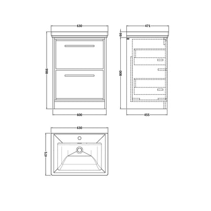 Hudson Reed Lille 600mm Floor Standing 2-drawer Vanity With Basin - 1 Tap Hole Contemp Bleached Oak Fireclay,MFC Textured Woodgrain 866x630x471mm - JJ Building Materials