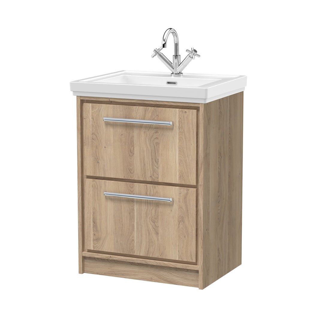 Hudson Reed Lille 600mm Floor Standing 2-drawer Vanity With Basin - 1 Tap Hole Contemp Bleached Oak Fireclay,MFC Textured Woodgrain 866x630x471mm - JJ Building Materials