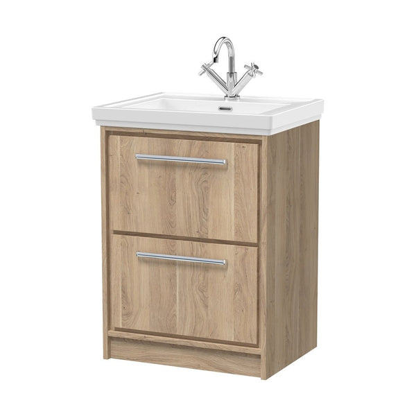 Hudson Reed Lille 600mm Floor Standing 2-drawer Vanity With Basin - 1 Tap Hole Contemp Bleached Oak Fireclay,MFC Textured Woodgrain 866x630x471mm - JJ Building Materials