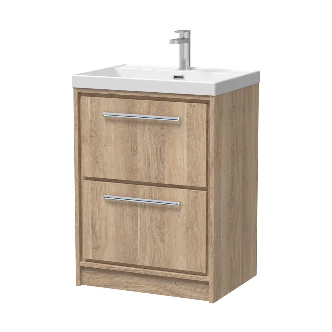 Hudson Reed Lille 600mm Floor Standing 2-drawer Vanity With Basin - 1 Tap Hole Contemp Bleached Oak MFC Textured Woodgrain,vitreous China 850x610x460mm - JJ Building Materials