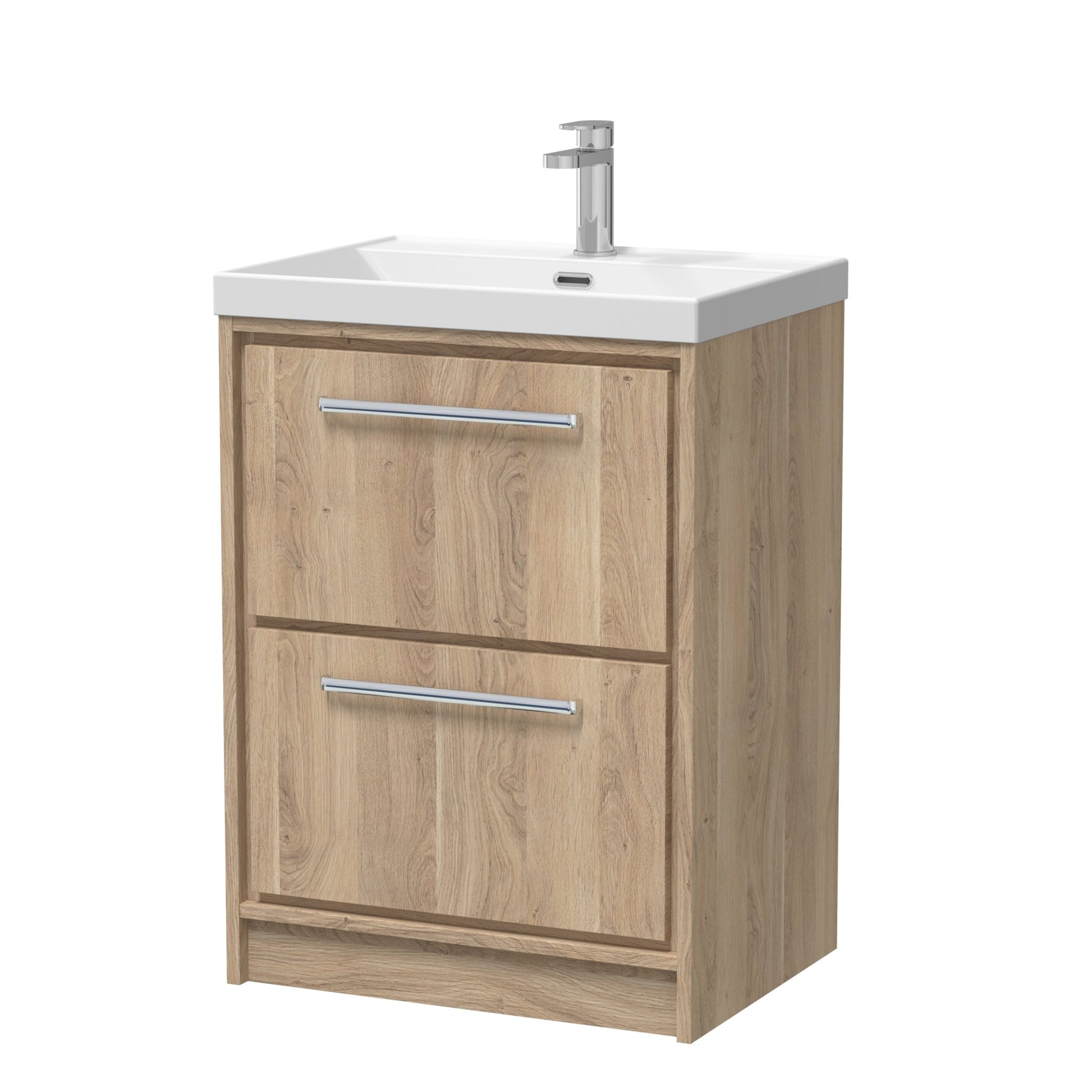 Hudson Reed Lille 600mm Floor Standing 2 - drawer Vanity With Basin - 1 Tap Hole Contemp Bleached Oak MFC Textured Woodgrain,vitreous China 850x610x460mm - JJ Building Materials