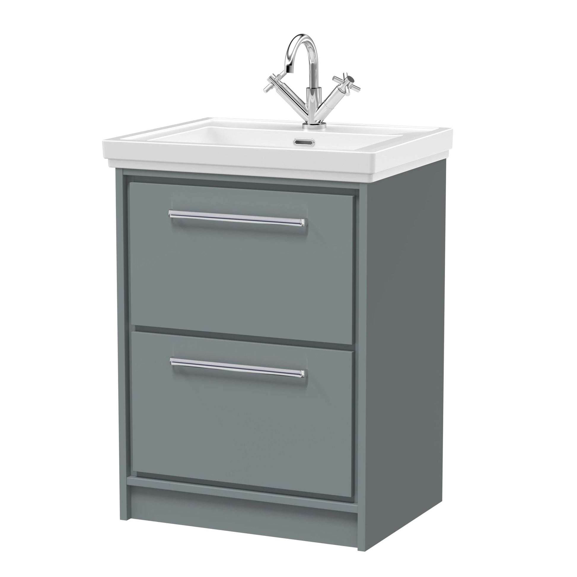 Hudson Reed Lille 600mm Floor Standing 2 - drawer Vanity With Basin - 1 Tap Hole Contemp Coastal Grey Fireclay,MFC Smooth Matt 866x630x471mm - JJ Building Materials