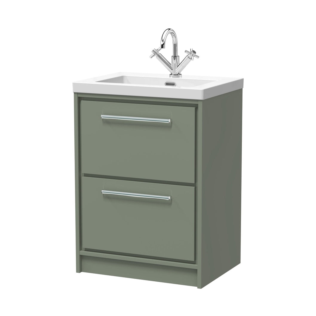 Hudson Reed Lille 600mm Floor Standing 2-drawer Vanity With Basin - 1 Tap Hole Contemp Fern Green Fireclay,MFC Smooth Matt 845x613x462mm - JJ Building Materials