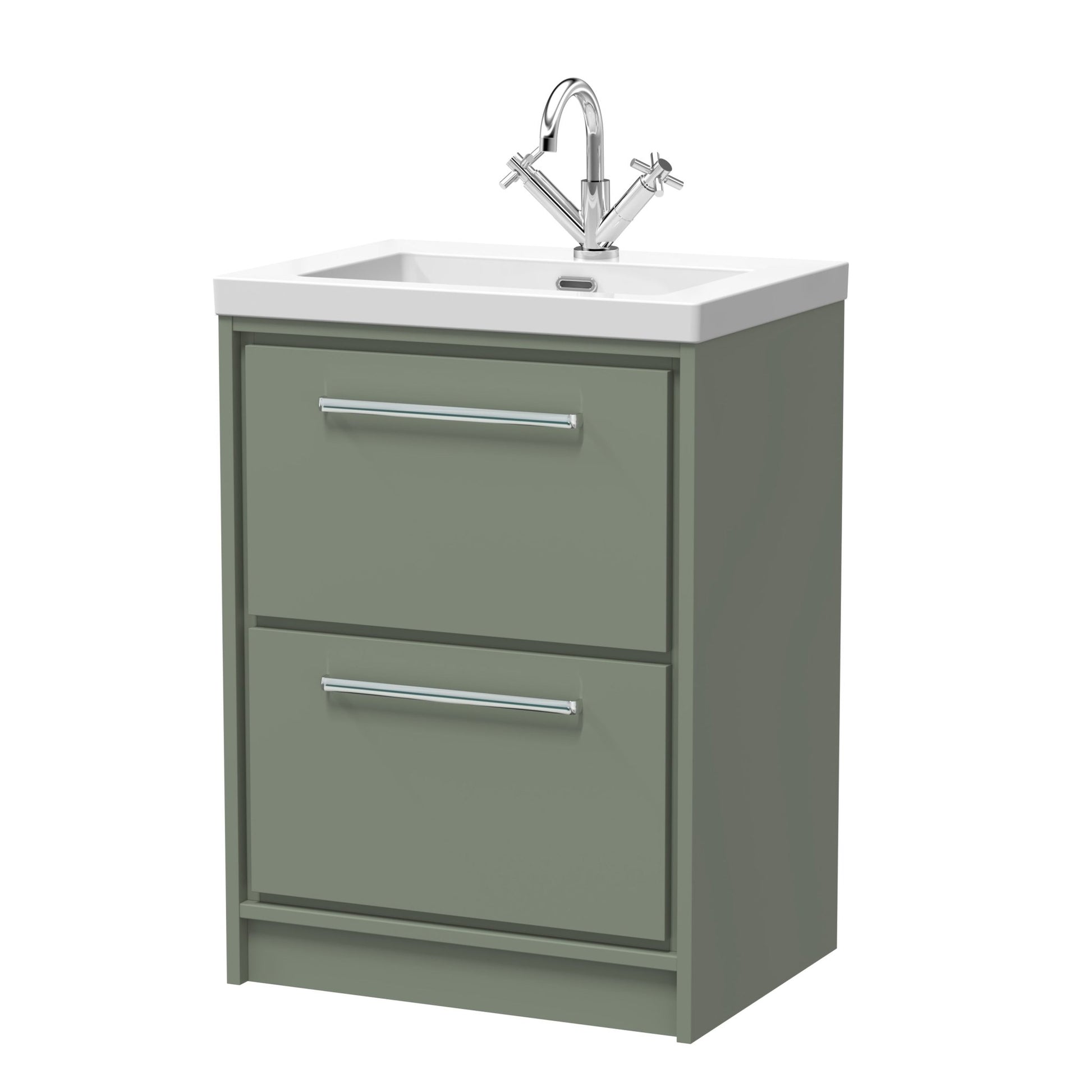 Hudson Reed Lille 600mm Floor Standing 2 - drawer Vanity With Basin - 1 Tap Hole Contemp Fern Green Fireclay,MFC Smooth Matt 845x613x462mm - JJ Building Materials