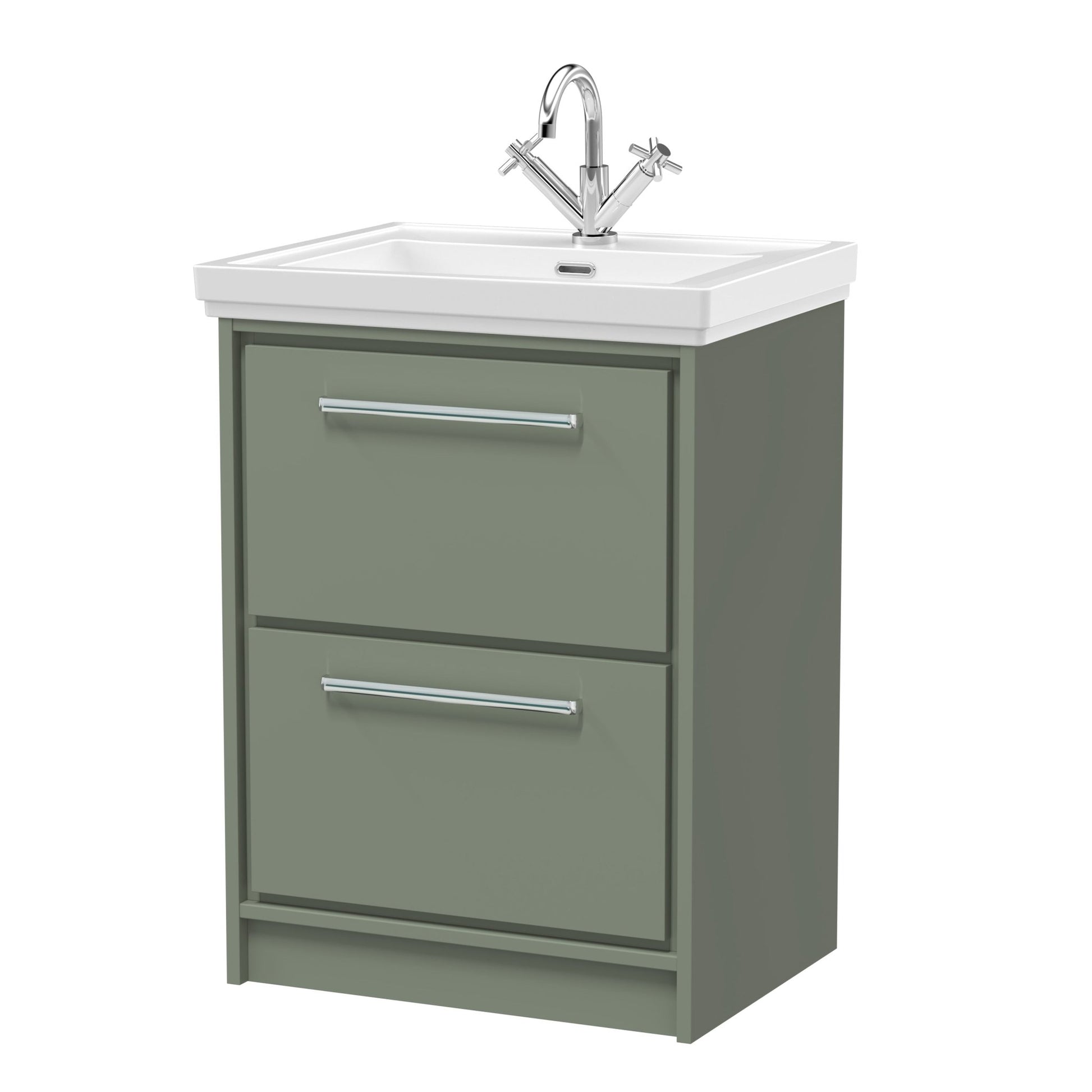 Hudson Reed Lille 600mm Floor Standing 2 - drawer Vanity With Basin - 1 Tap Hole Contemp Fern Green Fireclay,MFC Smooth Matt 866x630x471mm - JJ Building Materials