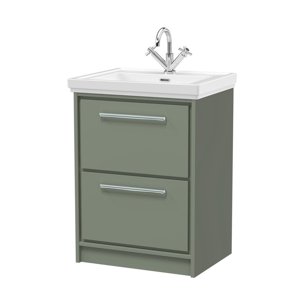 Hudson Reed Lille 600mm Floor Standing 2-drawer Vanity With Basin - 1 Tap Hole Contemp Fern Green Fireclay,MFC Smooth Matt 866x630x471mm - JJ Building Materials