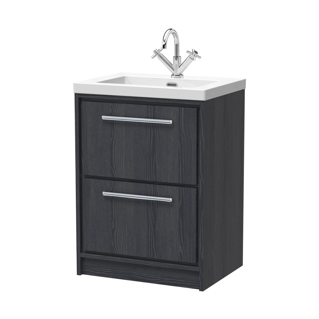 Hudson Reed Lille 600mm Floor Standing 2-drawer Vanity With Basin - 1 Tap Hole Contemp Graphite Grey Woodgrain Fireclay,MFC Textured Woodgrain 845x613x462mm - JJ Building Materials