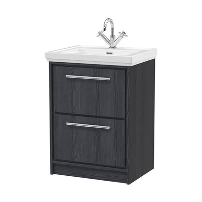 Hudson Reed Lille 600mm Floor Standing 2-drawer Vanity With Basin - 1 Tap Hole Contemp Graphite Grey Woodgrain Fireclay,MFC Textured Woodgrain 866x630x471mm - JJ Building Materials