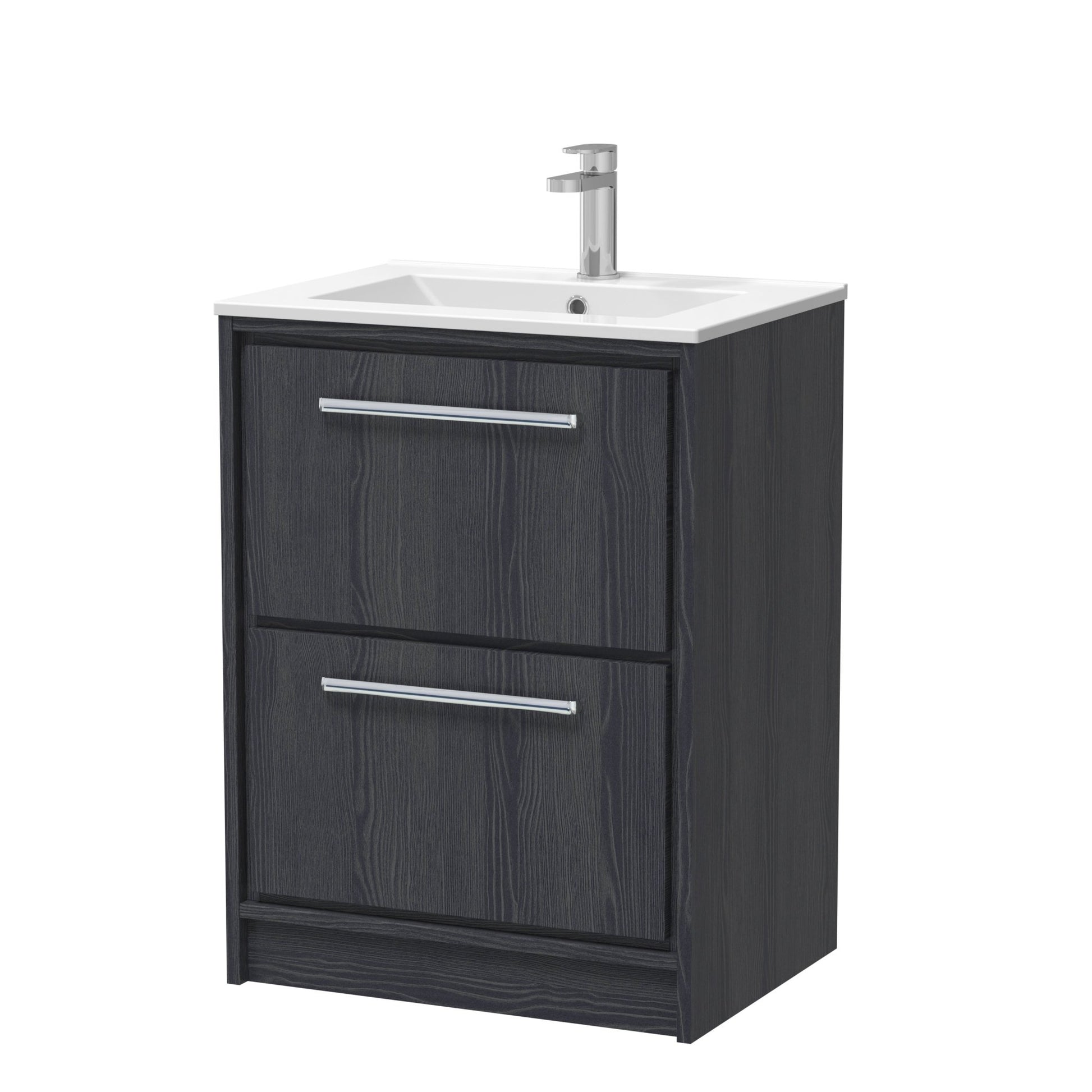 Hudson Reed Lille 600mm Floor Standing 2 - drawer Vanity With Basin - 1 Tap Hole Contemp Graphite Grey Woodgrain MFC Textured Woodgrain,vitreous China 818x605x460mm - JJ Building Materials
