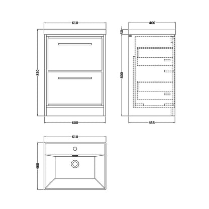 Hudson Reed Lille 600mm Floor Standing 2-drawer Vanity With Basin - 1 Tap Hole Contemp Graphite Grey Woodgrain MFC Textured Woodgrain,vitreous China 850x610x460mm - JJ Building Materials