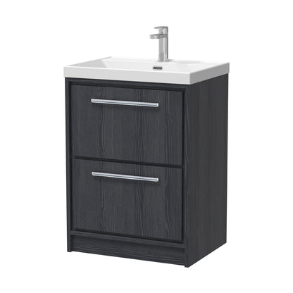 Hudson Reed Lille 600mm Floor Standing 2-drawer Vanity With Basin - 1 Tap Hole Contemp Graphite Grey Woodgrain MFC Textured Woodgrain,vitreous China 850x610x460mm - JJ Building Materials