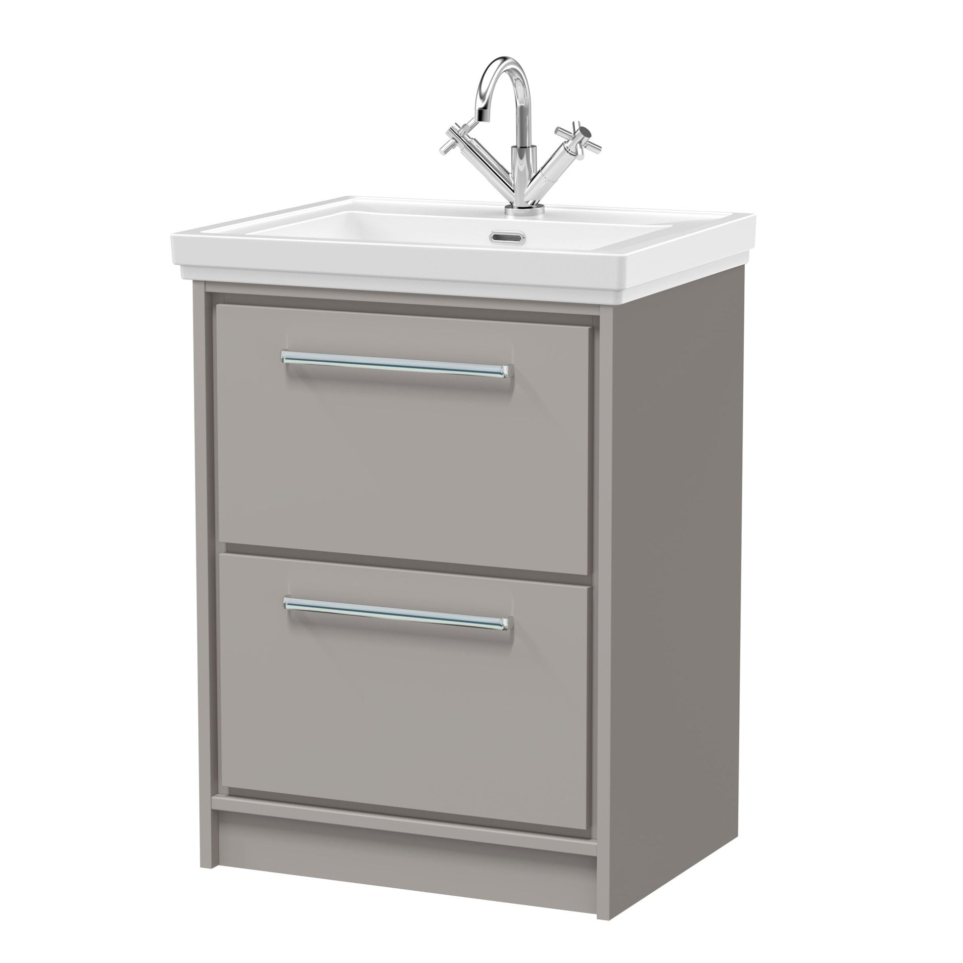 Hudson Reed Lille 600mm Floor Standing 2 - drawer Vanity With Basin - 1 Tap Hole Contemp Pebble Grey Fireclay,MFC Smooth Matt 866x630x471mm - JJ Building Materials