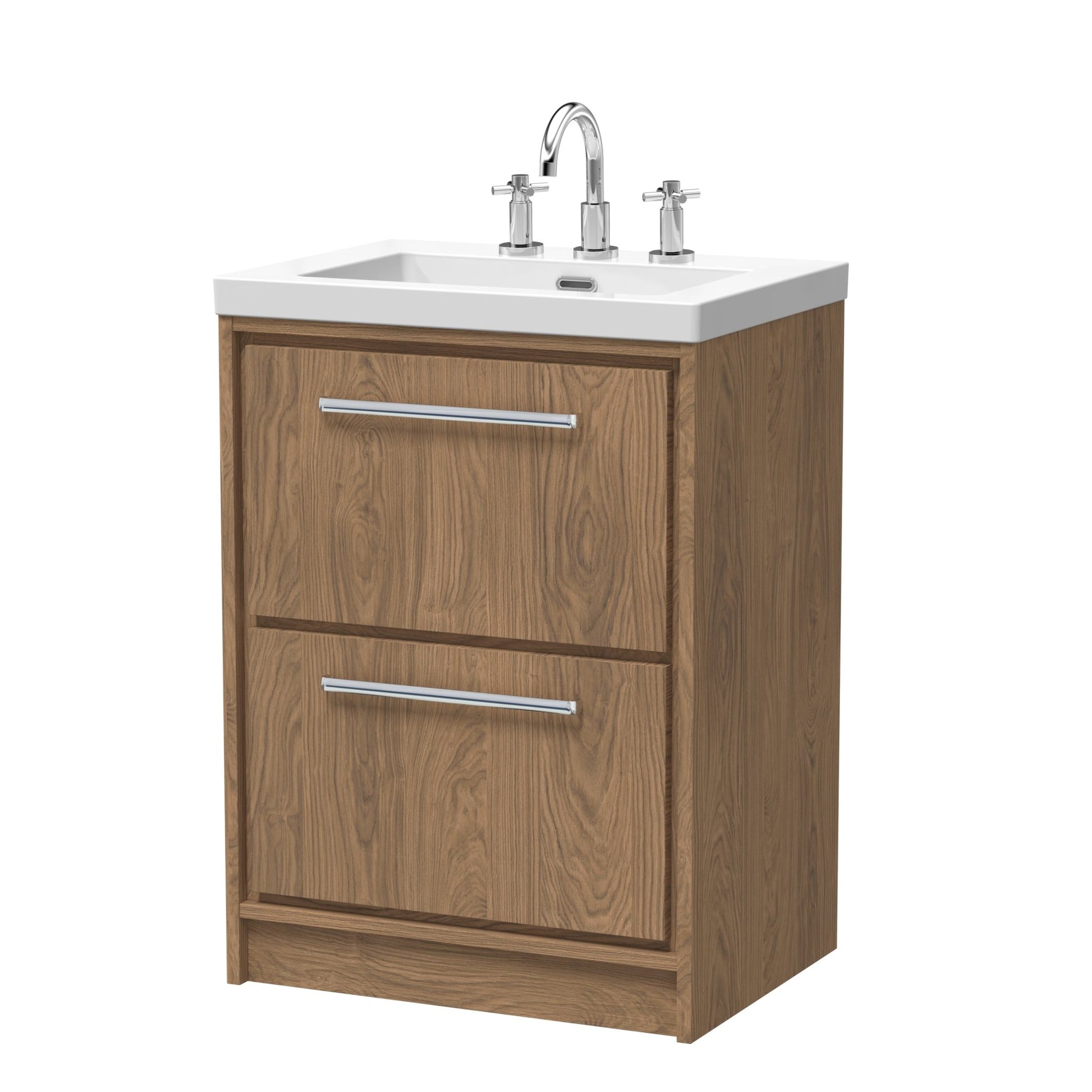 Hudson Reed Lille 600mm Floor Standing 2 - drawer Vanity With Basin - 3 Tap Hole Contemp Antique Oak Fireclay,MFC Textured Woodgrain 845x613x462mm - JJ Building Materials