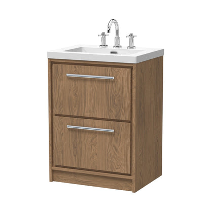 Hudson Reed Lille 600mm Floor Standing 2-drawer Vanity With Basin - 3 Tap Hole Contemp Antique Oak Fireclay,MFC Textured Woodgrain 845x613x462mm - JJ Building Materials
