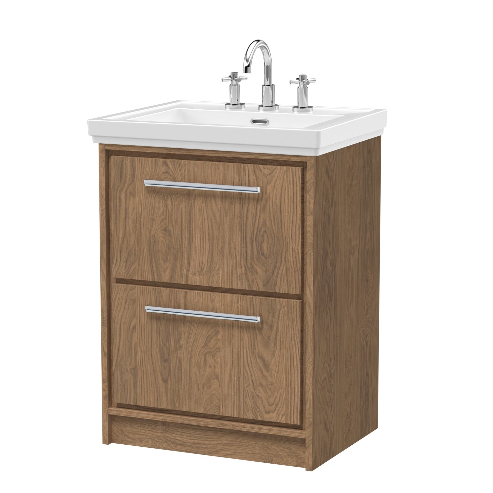 Hudson Reed Lille 600mm Floor Standing 2 - drawer Vanity With Basin - 3 Tap Hole Contemp Antique Oak Fireclay,MFC Textured Woodgrain 866x630x471mm - JJ Building Materials