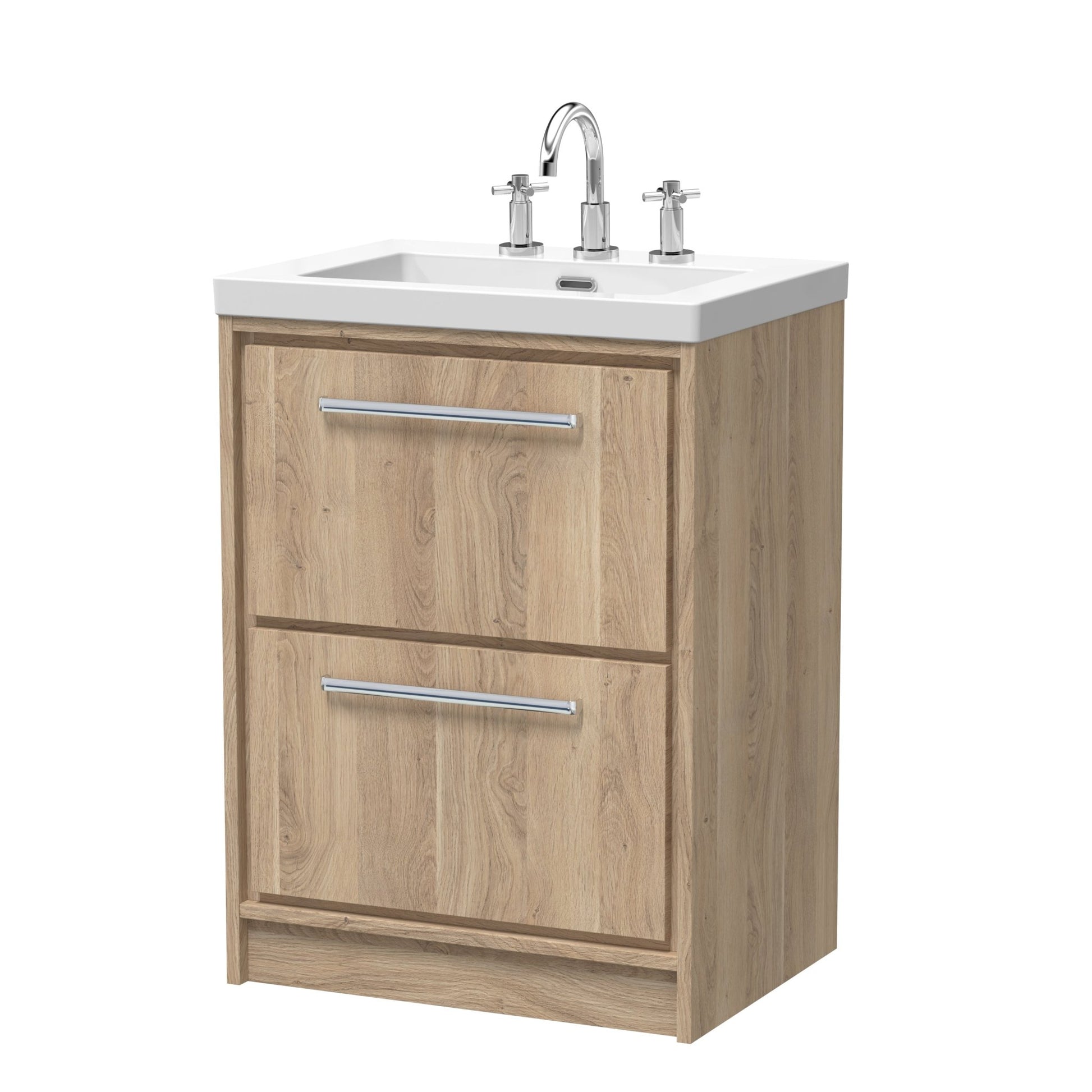 Hudson Reed Lille 600mm Floor Standing 2 - drawer Vanity With Basin - 3 Tap Hole Contemp Bleached Oak Fireclay,MFC Textured Woodgrain 845x613x462mm - JJ Building Materials