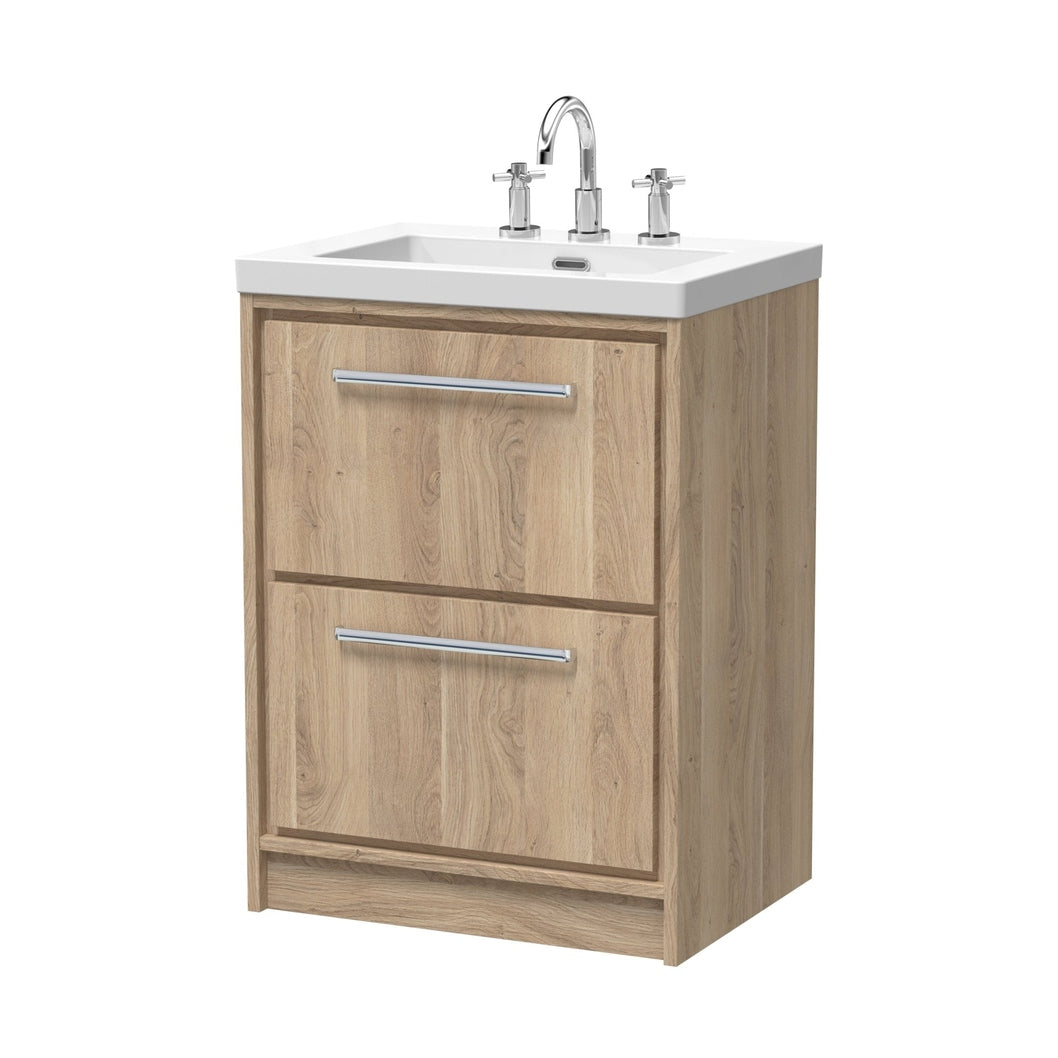 Hudson Reed Lille 600mm Floor Standing 2-drawer Vanity With Basin - 3 Tap Hole Contemp Bleached Oak Fireclay,MFC Textured Woodgrain 845x613x462mm - JJ Building Materials