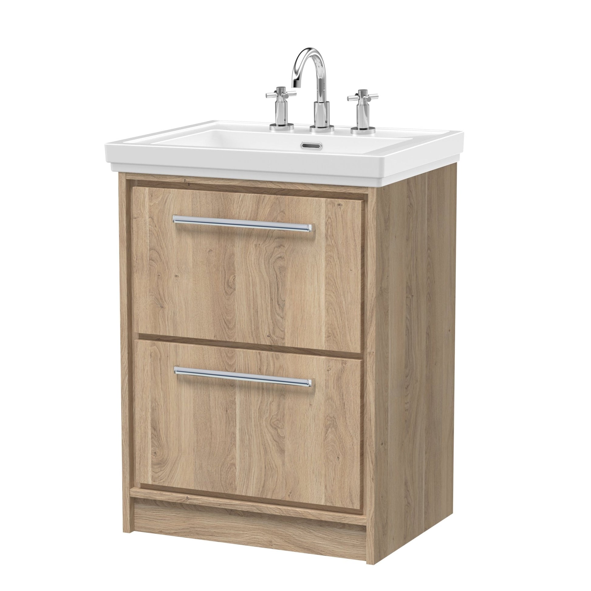 Hudson Reed Lille 600mm Floor Standing 2 - drawer Vanity With Basin - 3 Tap Hole Contemp Bleached Oak Fireclay,MFC Textured Woodgrain 866x630x471mm - JJ Building Materials