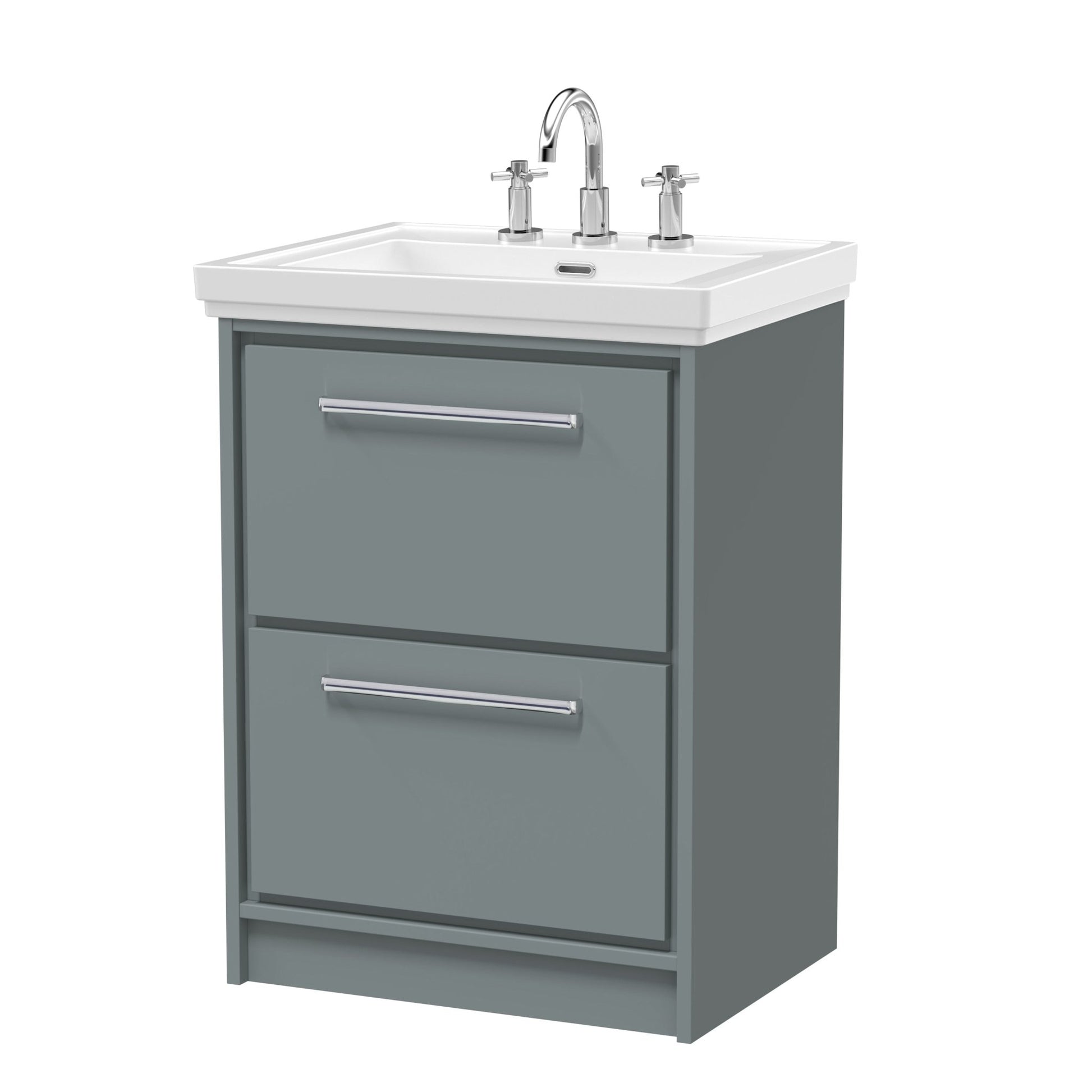 Hudson Reed Lille 600mm Floor Standing 2 - drawer Vanity With Basin - 3 Tap Hole Contemp Coastal Grey Fireclay,MFC Smooth Matt 866x630x471mm - JJ Building Materials